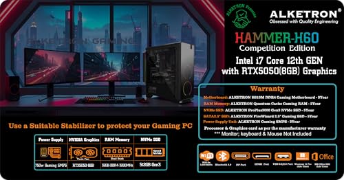 Image of ALKETRON Hammer H60 - Gaming Desktop pc - i7 Core 12th Gen with RTX5050(8GB) Dedicated Graphics; 32GB RAM; 1TB SSD (Ready to use DDR4 CPU Tower Box Piece - Competition Edition)