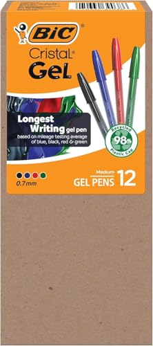 Image of BIC Cristal Gel Pens, Medium Point, 0.7 mm, Assorted Colors, 12-Count | Ultra Smooth Writing Experience, Long Lasting Ink Performance, Clear Barrel for Easy Ink Tracking, Assorted Color Options