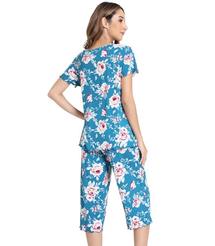 Image of NACHILA Women's Bamboo Viscose Pajama Sets Summer Cooling Short Sleeve Capri Soft Pjs Night Sweats Moisture Wicking Sleepwear