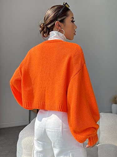 Makemechic Women's Floral Applique Lantern Sleeve Open Front Cropped Cardigan Sweater Orange S #TOP1