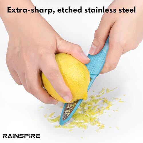 Image of Rainspire Lemon Zester Tool with Channel Knife, Stainless Steel Citrus Zester Tool, Lemon Peeler, Zesters for Kitchen, Ultra Sharp 2-in-1 Tool Easily Creates Citrus Zest, Blue