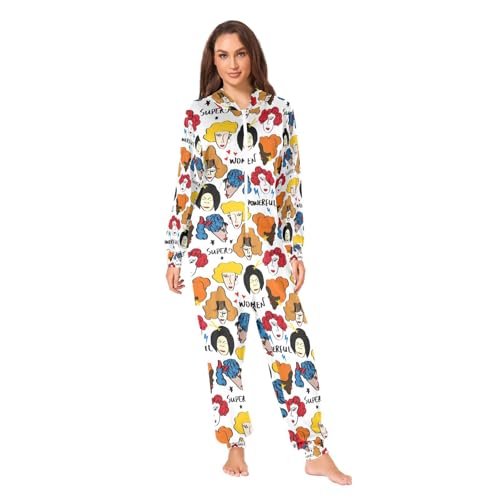 Poeticcity Couples Matching 1 PC Pajama, Unisex Soft Fleece Zip Up Hooded Pjs Jumpsuit Sleepwear Playsuit Lounge-wear(XXL) Colorful Hand Drawing Mixed Nations Woman Faces Doodle Sketch