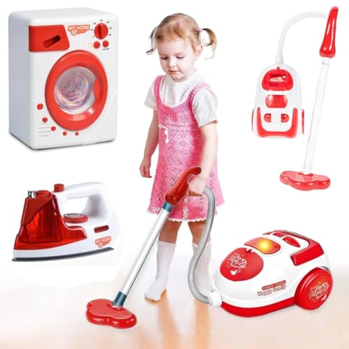 BAKAJI Set Pulizia Elettrodomestici Giocattoli per Bambini con Asse Ferro da Stiro, Lavatrice, Aspirapolvere Aspiratutto, Giochi Ragazzi, Luci e Suoni Realistici, Gioco Finzione Educativo Idea Regalo