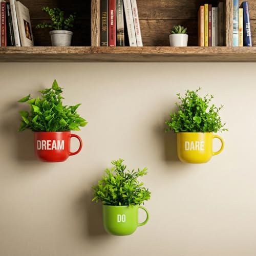 Image of Dekorly Colorful Wall-Mounted Mug Planters with Faux Greenery(20 CM)- Wall Decorative Pots for Vibrant Home & Office Decor| (3, Dream Dare Do)