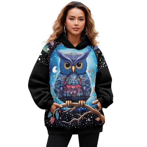 Showudesigns Owl Long Sleeve Hoodies for Women Oversized Graphic Sweatshirts Trendy Fall Fleece Pull