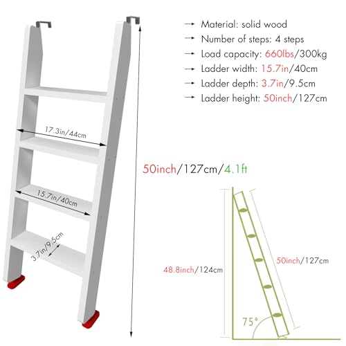 Image of 50 inch 55 inch 60 inch White Wood Bunk Bed Ladder, Lofted /Dorm /RV Bed Bunkbed Ladders with 4in Extra Wide Steps and Non-Slip Pads, Replacement Wooden Ladder for Motorhome /Camping (White, 50in /127cm)