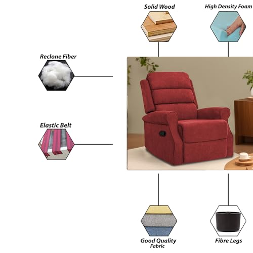Image of Comfy Fabric 1 Seater Recliner Sofa, Premium Upholstery with Soft Padding & Comfortable Cushions, Manual Recliner Chair for Home & Living Room | Maroon