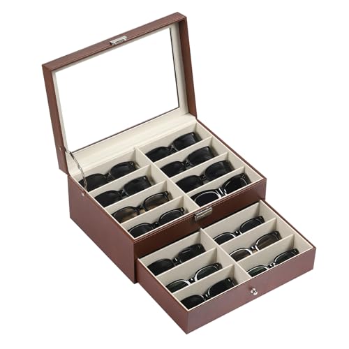 AUTOARK Organizador de cuero para 16 lentes y gafas de sol, organizador con cerradura, marrón, MKAW229