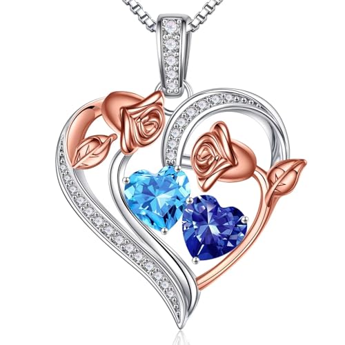 Iefil Birthday Gifts for Women - Wife Birthday Gift Ideas, Girlfriend Jewelry, Birthstone Necklace for Women | March Simulated Aquamarine & December Simulated Blue Spinel Necklace