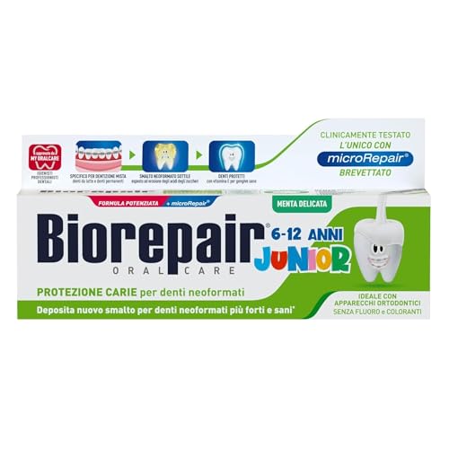 BIOREPAIR Junior - Kids and Baby Hydroxyapatite Toothpaste, 6-12 Years, Protects Teeth During Development, Fluoride and SLS Free Toothpaste with Vitamin E to Keep Gums Healthy, 75 ml, Made in Italy