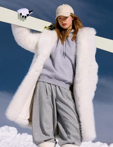 Flygo Womens Long Faux Fur Coats Winter Fluffy Open Front Luxury Overcoat Shaggy Lapel Long Sleeve Fuzzy Warm Cardigan Jacket(White-XL)