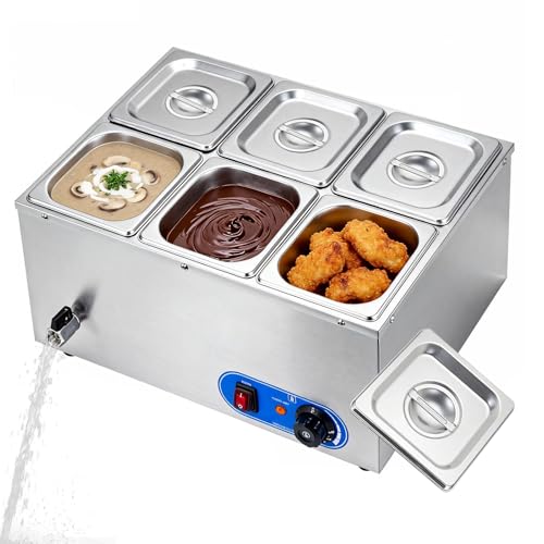 6 Pan Bain Marie Food Warmer 1500W Commercial Buffet Warmer with Lids 30-80C Temperature Range Stainless Steel Food Warmer for Home Kitchen Catering Restaurant