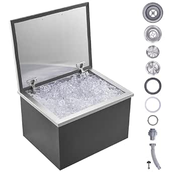 VEVOR Drop-in Ice Chest, 20" L x 16" W x 13" H Stainless Steel Ice Cooler, Commercial Ice Bin with Hinged Cover, 40 qt Outdoor Kitchen Ice Bar
