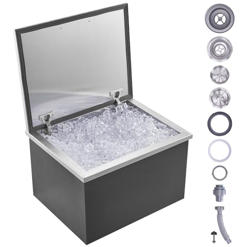 VEVOR Drop in Ice Chest, 20" L x 16" W x 13" H Stainless Steel Ice Cooler, Commercial Ice Bin with Hinged Cover, 40 qt Outdoor Kitchen Ice Bar, Drain-Pipe and Drain Plug Included, for Cold Wine Beer by VEVOR - Used condition - US$160.94