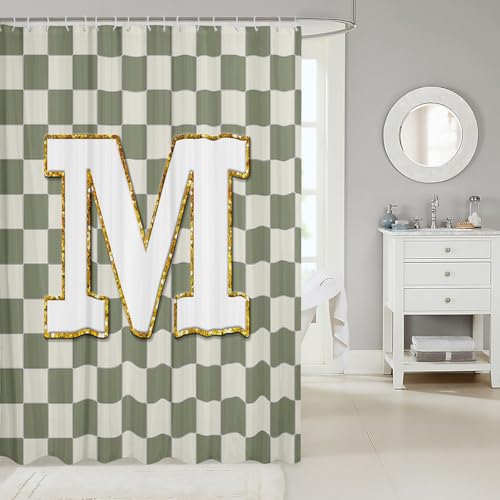 Image of Erosebridal Sage Green Checkered Bathroom Accessories Plaid Initial M Shower Curtain Personalized Monogram Bathroom Curtain for Kids Adults 72 inch Wx72 L Fashion Grids Gingham Shower Decor