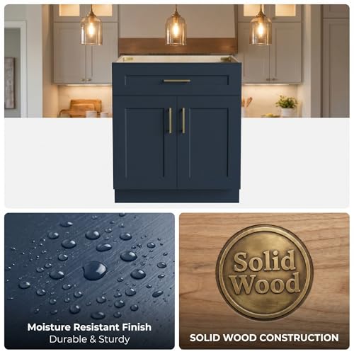 Mueble para baño base de lavabo de madera sólida pintado azul marino 33"W x 24"D x 34.5"H RTA listo para armar con doble puerta miniatura 5