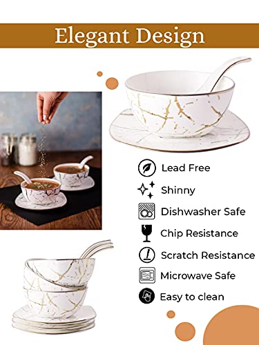 Image of Bone China Classic Abstract Luxe Gold Soup Bowl with Spoon and Saucer - 200 ml, Set of 18 / White Gold