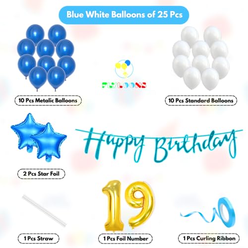 Image of Flyloons 19th Happy Birthday Decoration Kit Blue White for Boys Girls Kids Twins Men Women With 20 Pcs Metallic Balloons Birthday Banner 2 Pcs Star Items Set