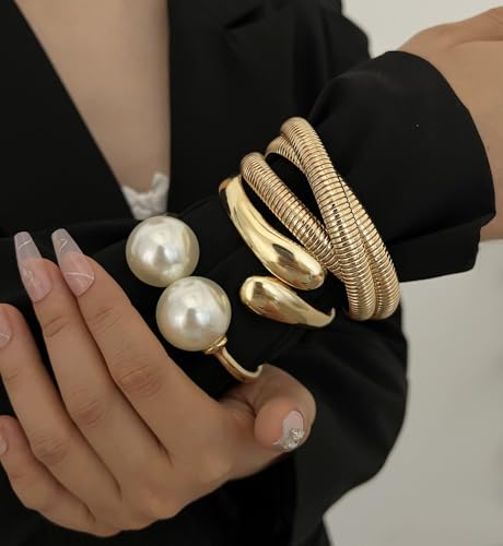 Image of Chunky Gold Bangle Bracelets for Women, Dainty 14k Gold Plated Big Stackable Bangles Set, Trendy Statement Cuff Bracelet Stack Fashion Jewelry Gifts