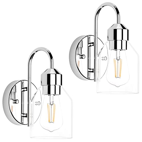 Image of Chrome Sconces Wall Lighting, Wall Sconces Set of 2, Modern Bathroom Vanity Light Fixtures, Farmhouse Metal Wall Lamp with Clear Glass Shade, Wall Mount Lights for Mirror Bedroom Hallway
