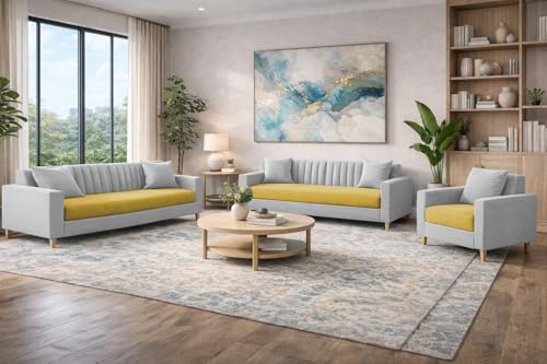 Image of Casaliving Garcia 3+2+1 Seater Sofa Set for Living Room (Yellow Grey Colour) Premium Fabric Sofa