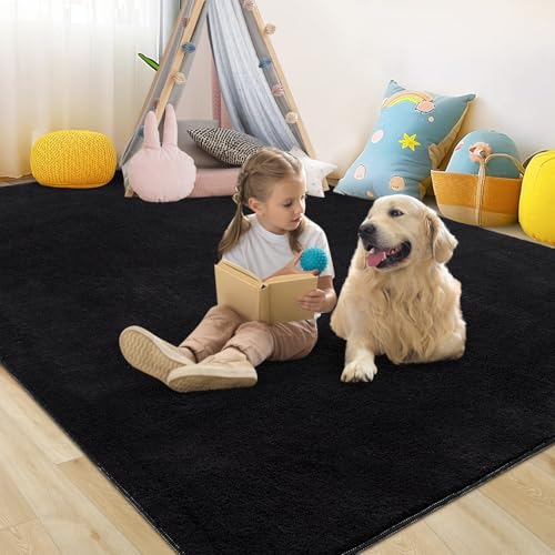 GlowSol Washable Solid Wool Rug 9x12 Area Rugs for Living Room, Super Soft Premium Plush Bedroom Rug Large Modern Solid Fuzzy Shag Carpets for Living Room Kids Nursery Room Home Office Dorm,Black