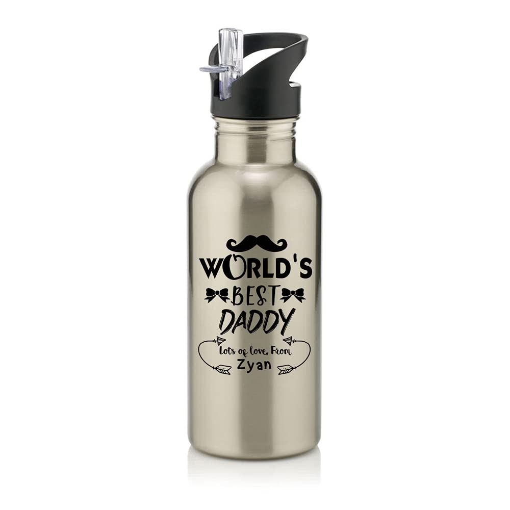 Personalised World's Best Daddy Fathers Day Moustache/Bow Love ANY NAME Funny Gift for Dad Birthday Stainless Steel 600ml Water Bottle with Straw. (Natural Silver)