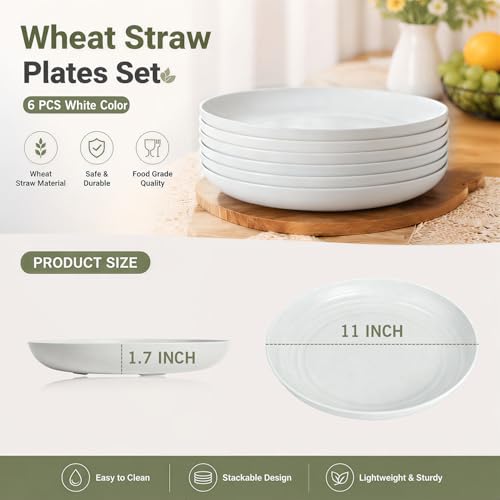 Image of Wheat Straw Dinner Plates Set of 6, 11In Big Deep Dish Plate,White | Unbreakable Kitchen Plates, Microwave Safe & Dishwasher Safe for Party, RV, Dinner