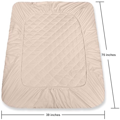 Utopia Bedding Quilted Fitted Mattress Pad, Twin Size, Elastic Fitted Mattress Topper Protector and Cover Stretches up to 16 Inches Deep, Machine Washable (Beige)