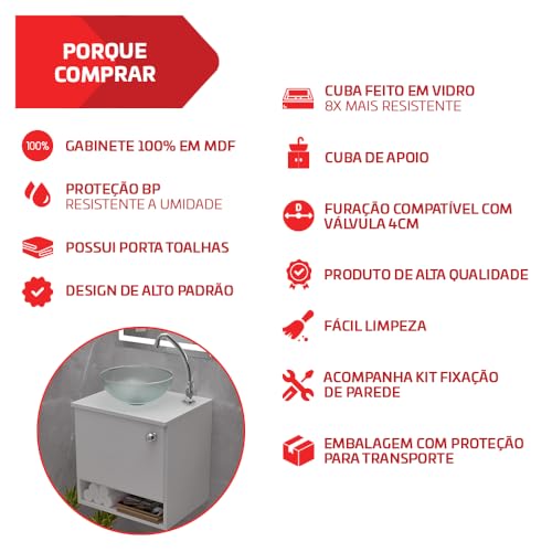 Kit Gabinete Armário 45cm Suspenso Mdf Apolo Para Banheiro Com Cuba De Vidro 29cm Cristal Beltempo