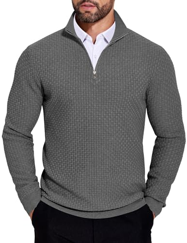 COOFANDY Herren Pullover Half Zip Winterpullover Warm Männer Stehkragen Herrenpullover Langarm Business Casual Arbeits Sweatshirt Ohne Kapuze Dunkelgrau L