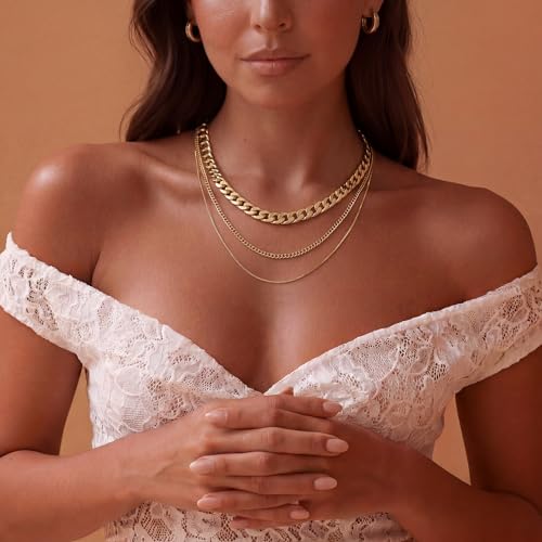 Image of Freekiss Layered Necklace Set for Women Stackable | Herringbone Snake Cuban Rope Chain, Dainty Choker, Layered Stackable, Non Tarnish, Hypoallergenic, Adjustable 14-18.5 inch