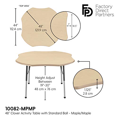 Image of FDP Clover Activity School and Office Table (48 x 48 inch), Standard Legs with Ball Glides for Collaborative Seating Environments, Adjustable Height 19-30 inches - Maple Top and Maple Edge