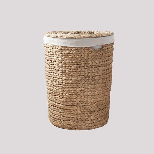 Image of Round Woven Wicker Laundry Hamper with Lid - Large Water Hyacinth Storage Basket, 18x18x23 in