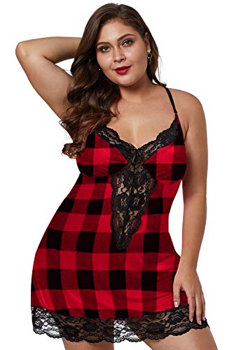 BLMFAION Women Sexy Plus Size Satin Chemise Sleepwear Nightgown Silk Lace Lingerie Nighty (3X-Large(US 22-24), A# Red Plaid Venecia)