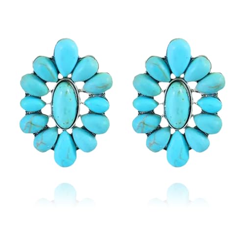 Boucles d'oreilles ethniques faites main en turquoise naturelle et détails géométriques