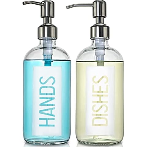 JASAI 2Pack 18OZ Glass Soap Dispenser with Rustproof 304 Stainless Steel Pump, Kitchen Soap Dispenser with Hands & Dishes Label, Refillable Dish Soap Dispenser for Kitchen (White) Cover