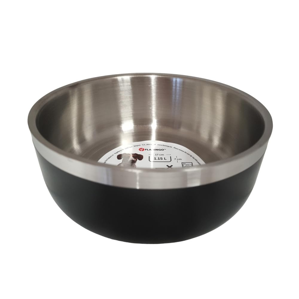 Flamingo FEEDING AND DRINKING BOWL LORA STAINLESS STEEL BLACK ROUND 1150ML 17CM
