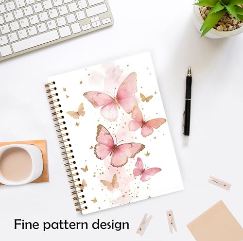 XUNLURY Pink and Gold Butterfly Notebook, Preppy Butterfly Journal, Girly Cute Journals for Women, Aesthetic Office Supplies, Preppy Girly Aesthetic Hardcover Spiral Notebooks, 5.5x8.3 Inch — view 3