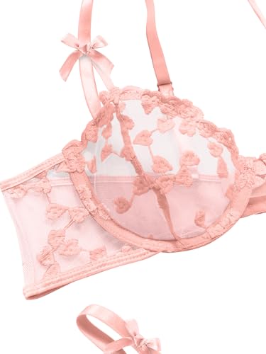 Image of Lilosy Sexy Underwire Cute Push Up Strappy Embroidered Mesh Sheer Lingerie Set See Through Panty Bra