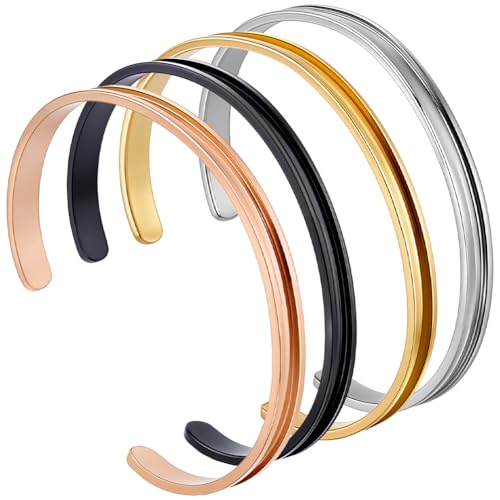 SUNNYCLUE 1 Box 4 Stück Edelstahl Armreif Armreif Manschettenrohlinge Silber Schwarz Roségold Rillen Offene Manschette Edelsteine Leere Blanko Armbänder Für Die Schmuckherstellung Für Damen Weihnachts