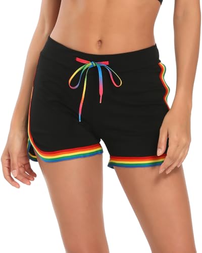 Womens Dolphin Shorts Retro Running Athletic Gym Track Shorts Black Rainbow Trim M