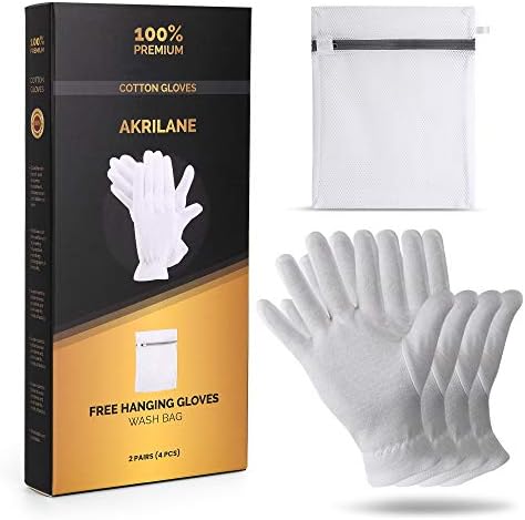 AKRILANE 100% Cotton Gloves for Dry Hands | Moisturizing Overnight Gloves for Eczema & Psoriasis Treatment | Skin Spa Treatment for Women & Men | Washable & Reusable with Free Laundry Bag (2 Pairs)