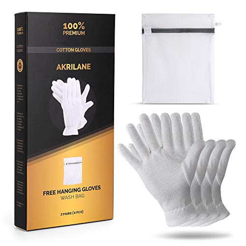 Akrilane 100% Cotton Gloves For Dry Hands | Moisturizing Overnight Gloves For Eczema & Psoriasis Treatment | Skin Spa Treatment For Women & Men | Washable & Reusable With Free Laundry Bag (2 Pairs) #TOP23