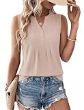 LOMON Cotton Linen Womens Tank Tops V Neck Pleated Sleeveless Shirts Blouses Summer Beach Vacation Clothes Plain Vest Outfits (Khaki, XL)