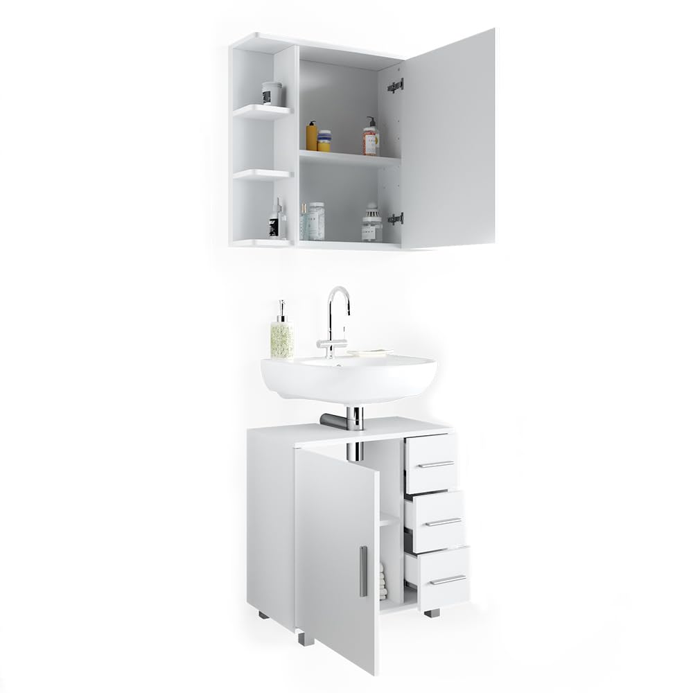 Vicco Badmöbel-Set Ilias, Weiß, 60 cm, besteht aus Badspiegel und Waschbeckenunterschrank
