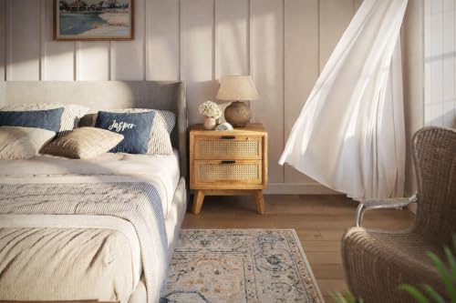 Image of Solid Wood Bedside Table with Cane Rattan Drawer Design | Modern Wooden Nightstand with 2 Storage Drawers for Bedroom & Living Room | Natural Finish