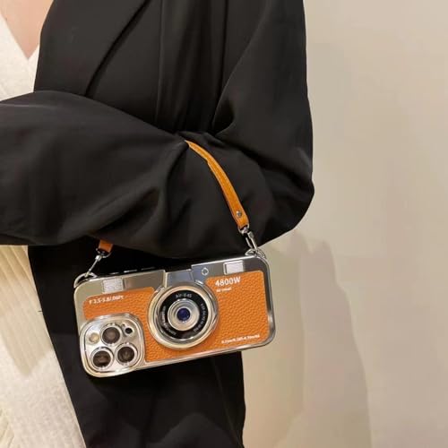 Étui en cuir PU iPhone 13 Pro orange antichoc avec dragonne et cordon amovible