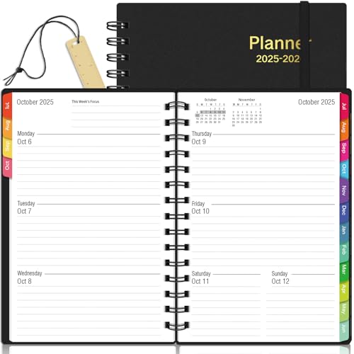 Daily Planner 2025-2026, 18 Month Planner with Tabs, July 2025 - December 2026 Weekly and Monthly Academic Year Calendar Spiral Time Management, 100GSM Thick Paper, Twin-Wire Binding, A5 Size, Black