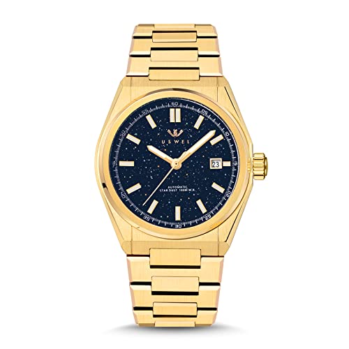 Uswel Automatic Mechanical Wrist Watch For Men With Star Dust Dial, Fashion Self-Winding Watches For Men Stainless Steel Waterproof Luminous Sapphire Crystal Mens Watches With Auto Date (Gold) #TOP14
